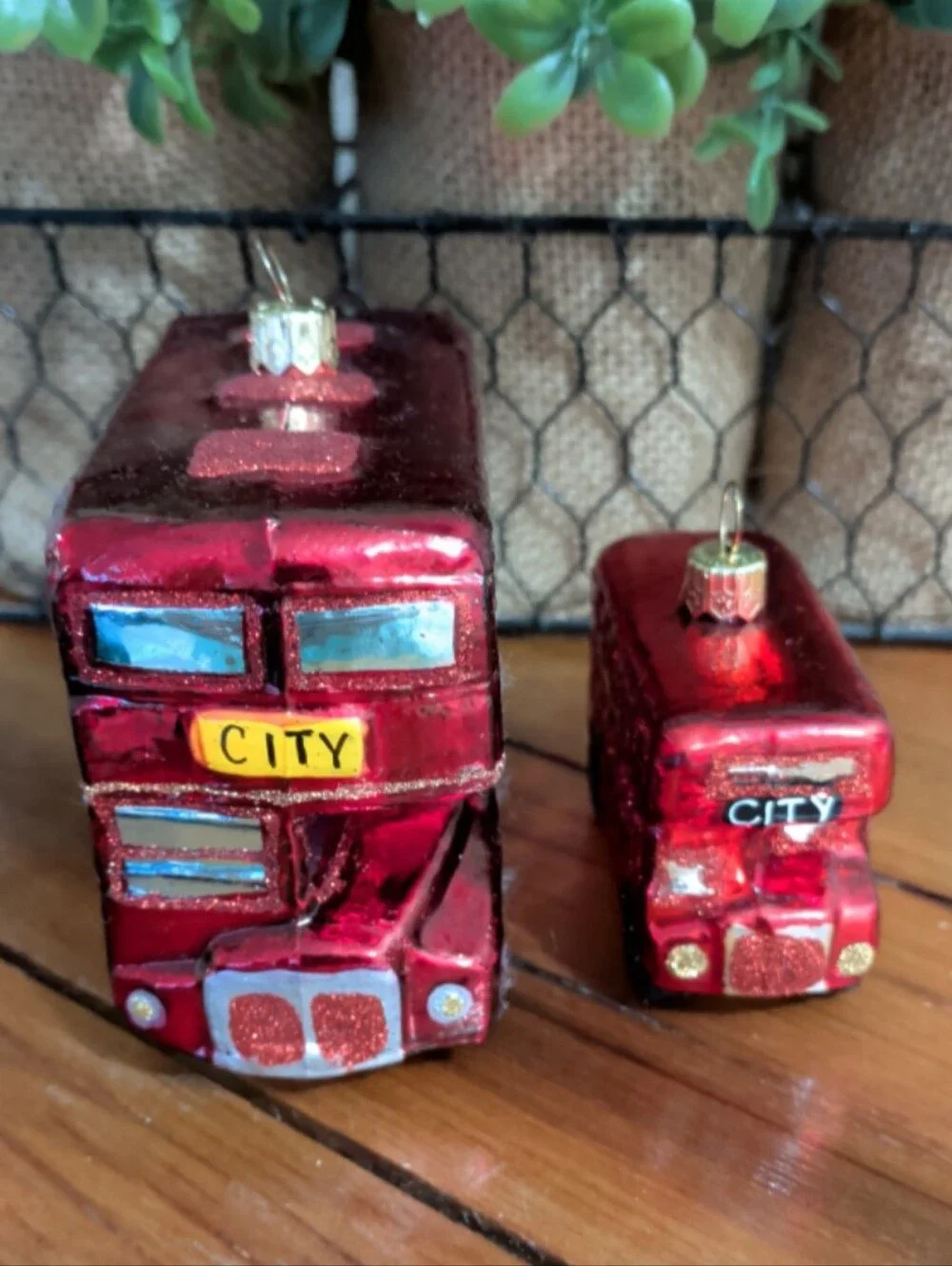 Glass Christmas Tree Ornaments London Double Decker City Bus Set of 2